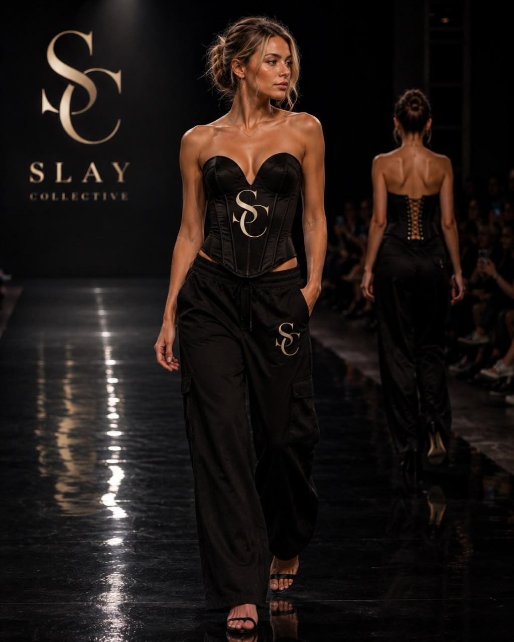 Slay Collective visual concept featuring a black corset styled with relaxed cargo trousers